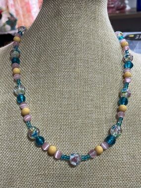 Artisan Art Glass and Pink Cat’s Eye Necklace and Bracelet Set